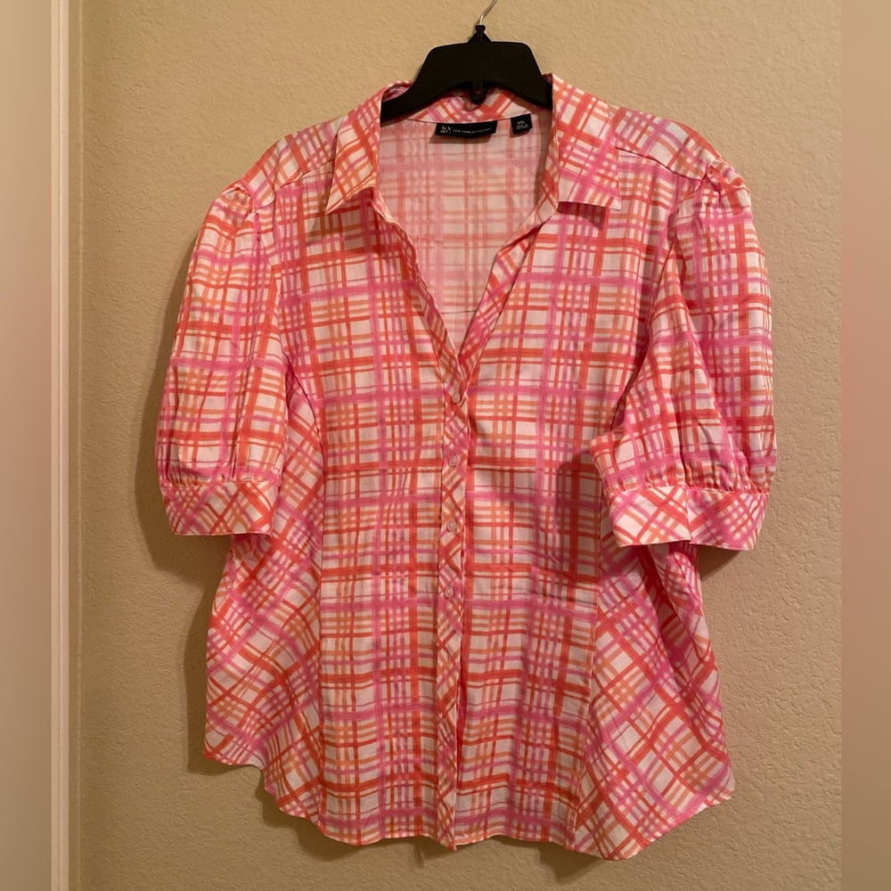 NY&C orange, pink & white plaid puff sleeve button down blouse - Size XXL